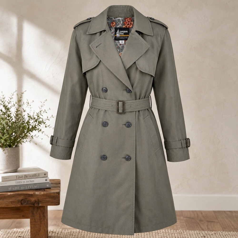 Vintage London Fog Womens Trench Coat Size 6 Olive Green USA Lined Raincoat Flaw